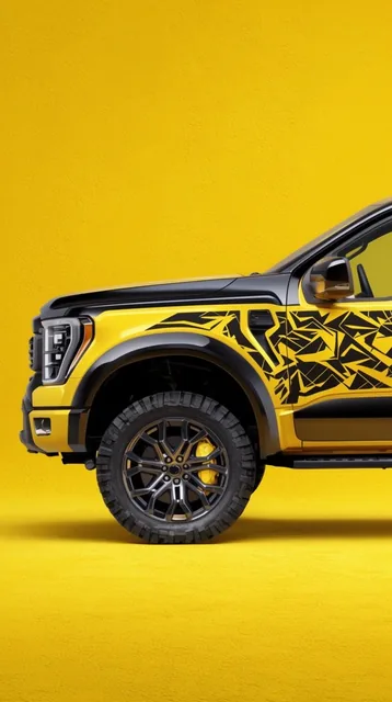 vibrant yellow and black pickup truck side profile, abstract black geometric side decals, rugge...