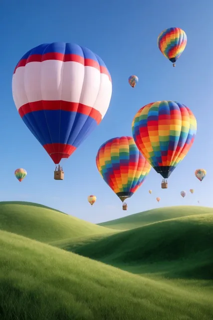 vibrant hot air balloons floating above smooth rolling green hills, clear bright blue sky, prom...