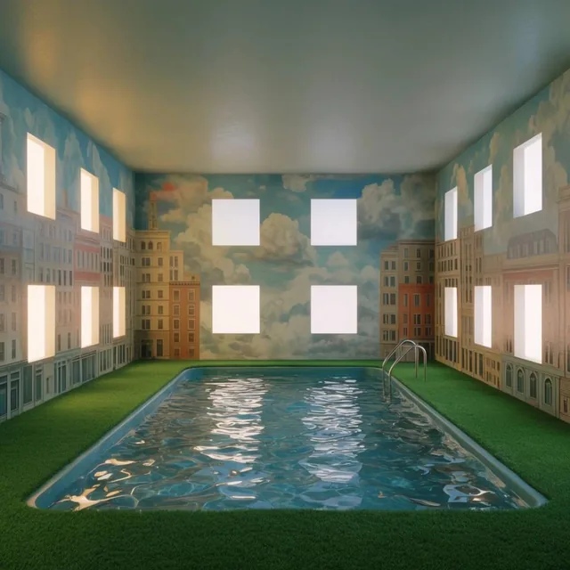 surreal indoor pool, rippling water, artificial green turf, walls painted as building facades,...