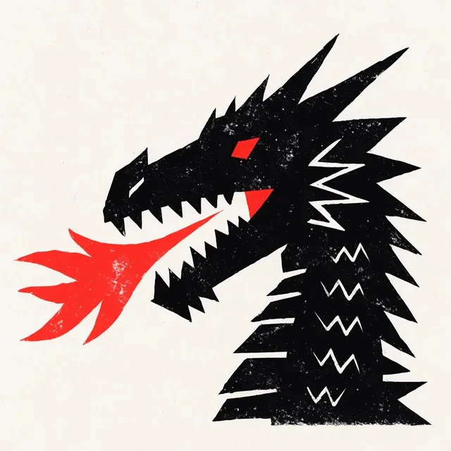 A stylized, high-contrast block-print illustration of a jagged black dragon head in profile, br...