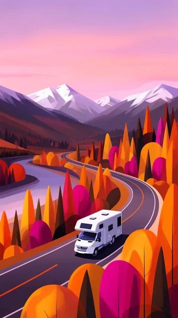 A stylized vector landscape at twilight features a winding asphalt road carrying a white camper...