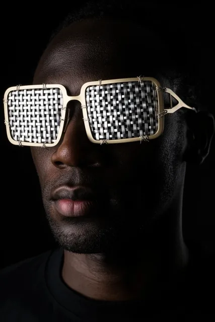 close-up portrait of a dark-skinned man wearing oversized rectangular metallic glasses, woven m...