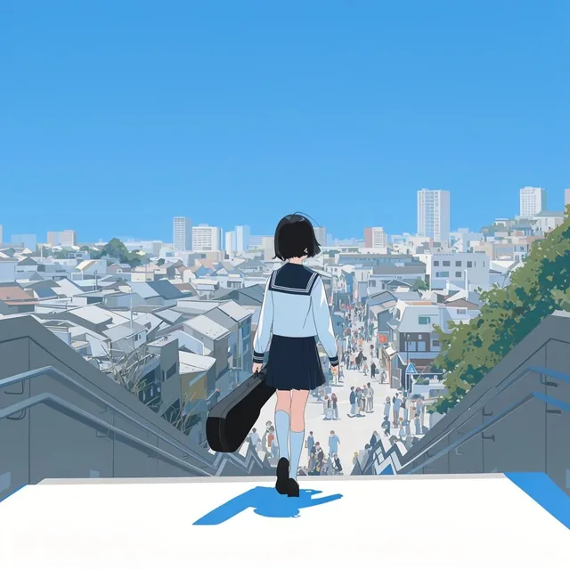 2D anime illustration, girl in a sailor uniform with a black instrument case walking down concr...