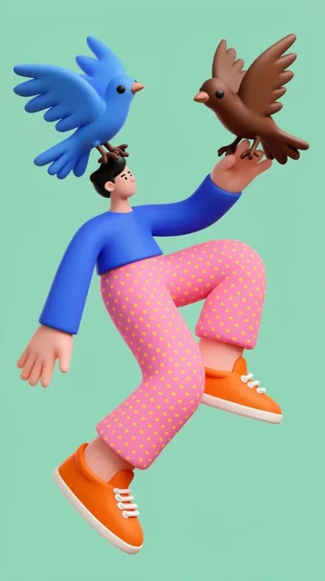 3D stylized figure leaping mid-air, exaggerated proportions, blue shirt, yellow-dotted pink pan...