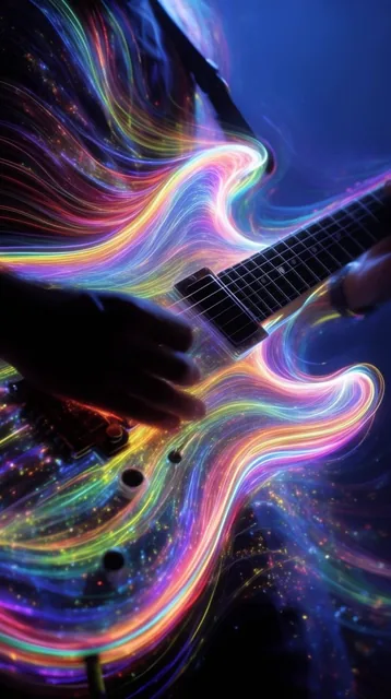 musician playing an electric guitar rendered as flowing iridescent light trails, sweeping neon...
