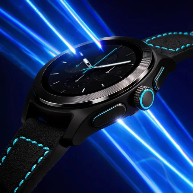 A modern matte black smartwatch is dramatically illuminated by vivid neon blue light beams agai...
