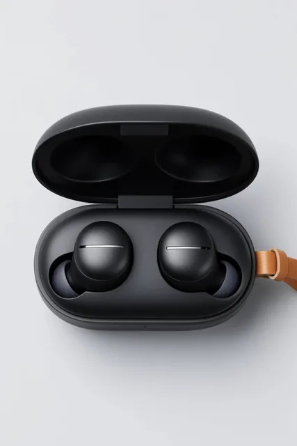 matte black wireless earbuds inside an open rounded charging case, spherical buds with thin hor...