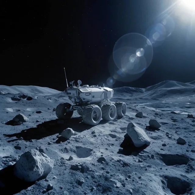 six-wheeled extraterrestrial rover traversing a desolate rocky landscape, scattered boulders on...