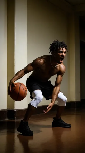 A bare-chested athletic man with short dreadlocks intensely dribbles a basketball in a dimly li...