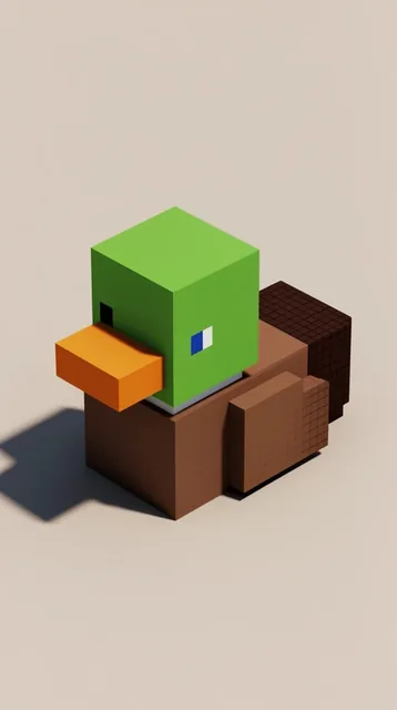 A minimalist 3D voxel rendering of a mallard duck built from textured geometric cubes on a seam...