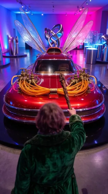 A glossy cherry-red retro-futuristic hovercraft with upward-extending translucent insectoid win...