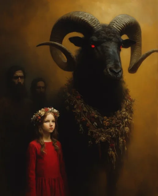 A colossal dark ram with massive curved horns looms over a young girl in a smoky golden-ochre v...