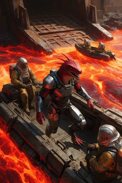A crimson-scaled cybernetic reptilian humanoid in metallic armor boards an armored hover-barge...