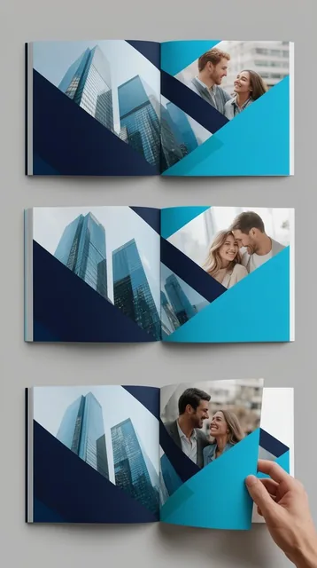 four open bi-fold brochures on a gray flat lay, geometric navy and cyan diagonal blocks, inset...