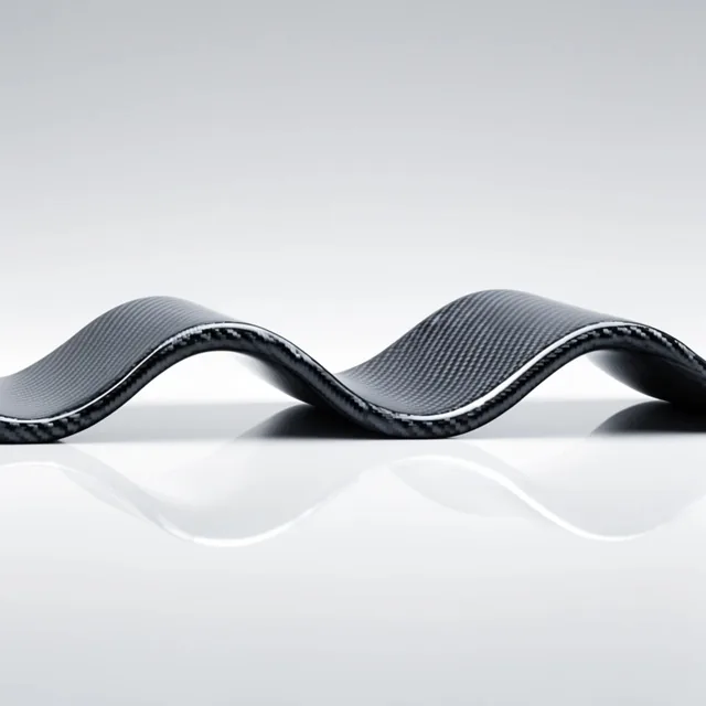 wavy ribbon-like structure, woven carbon fiber material, dark grey and black diagonal pattern,...