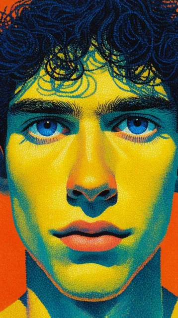 Close-up pointillist portrait of a young man, composed of tiny colored dots, bright yellow and...