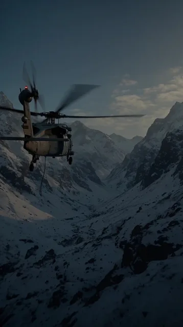 A transport helicopter flies low through a dramatic, snow-covered mountain gorge under a dim tw...