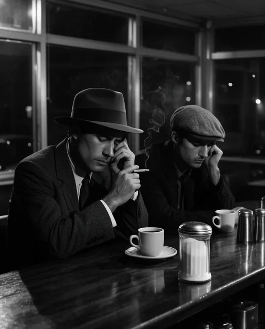 A cinematic black-and-white film noir shot of two pensive men at a dimly lit diner counter. One...