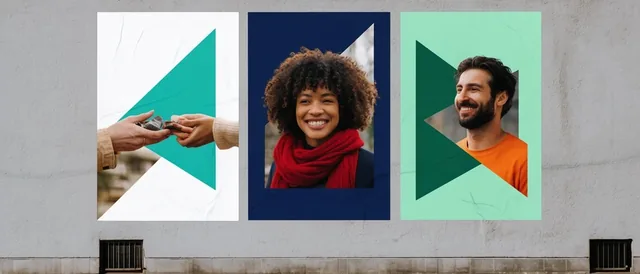 Three vertical posters with wrinkled paper textures adhere to a rough gray concrete wall above...