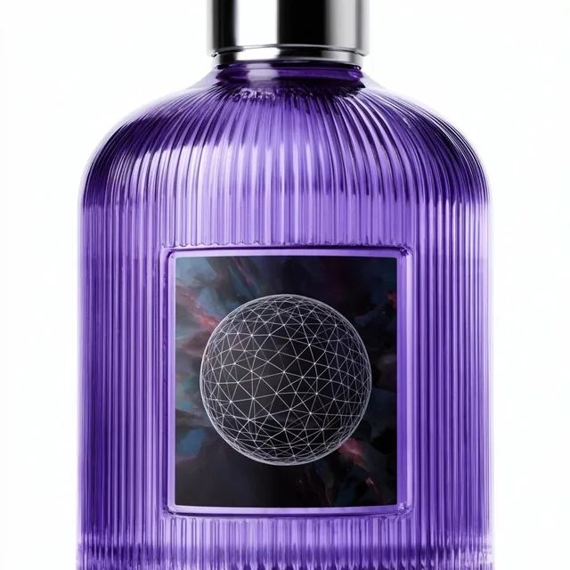A vertically ribbed, translucent purple glass bottle with a gleaming silver collar stands again...