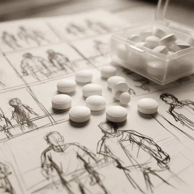scattered white pills on a grid of rough pencil sketches, hand-drawn storyboard of human figure...