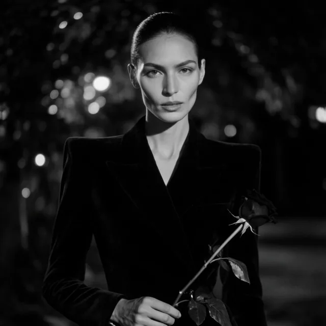A monochrome portrait of a tall woman with striking high cheekbones and her dark hair pulled ba...