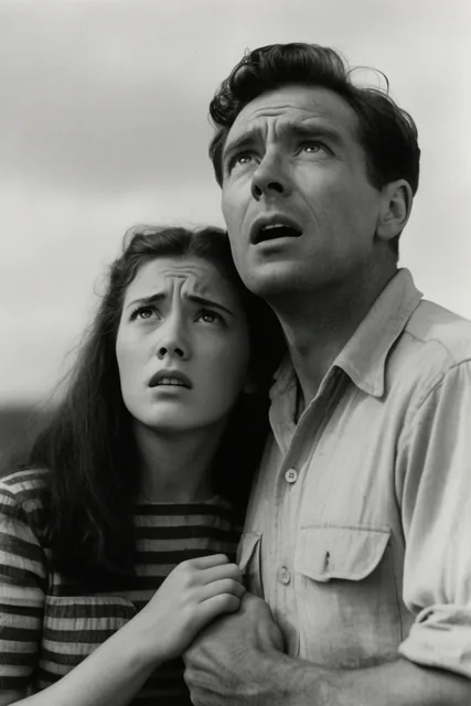 A black and white cinematic portrait of a man and woman gazing upward with anxious awe against...