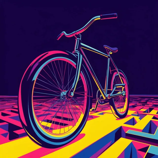 stylized bicycle with oversized tires and wire spokes, sleek metallic frame, curved handlebars,...