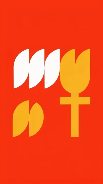 A flat vibrant vermilion background anchors a stark minimalist vector graphic composition. A ce...