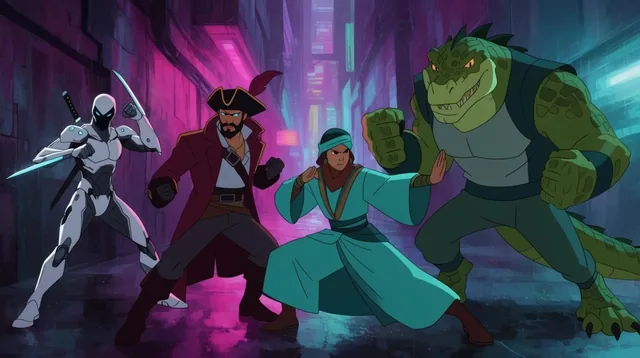 In a classic 2D animated style, four futuristic warriors hold tense combat stances inside a glo...