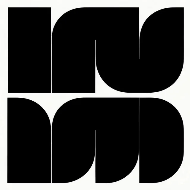 A high-contrast minimalist composition featuring dense, solid black geometric and curvilinear f...