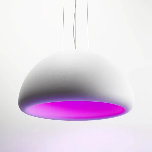 large matte white dome pendant light, textured finish, vibrant magenta glowing interior, suspen...