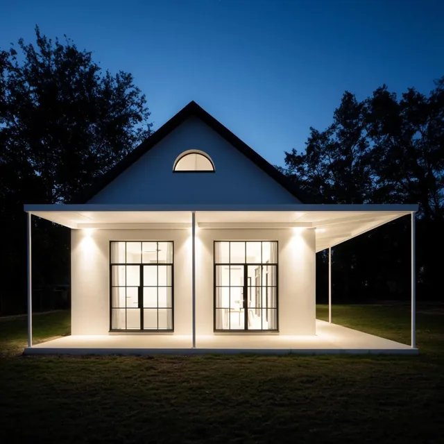 modern white building at twilight, brightly lit covered patio, warm downlights on white walls,...