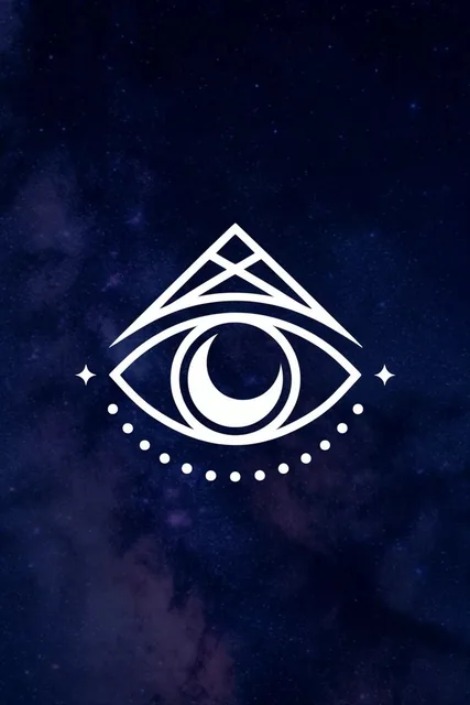 A crisp, white geometric eye emblem floats centrally against a deep starry cosmic background. T...