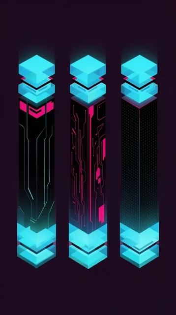 three isometric cyberpunk towers aligned horizontally on a dark background, glowing cyan geomet...