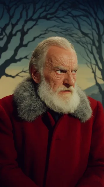 A medium close-up of an elderly man with a thick white beard and deep wrinkles glaring fiercely...