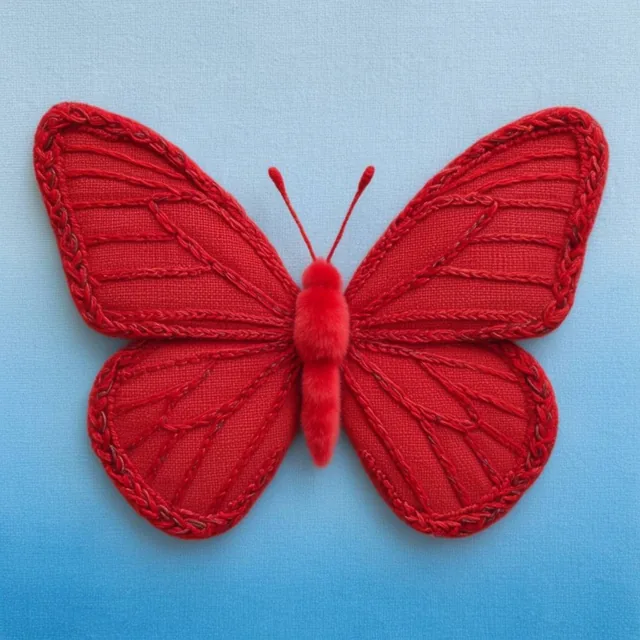 symmetrical red fabric butterfly, woven canvas wings, raised embroidered veins, braided edges,...