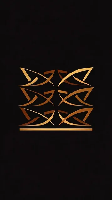 A stark, minimalist composition featuring sharp, angular, and curved golden-brown geometric sha...