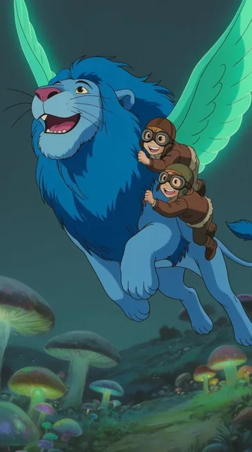 A giant, fluffy, sapphire-blue winged lion with a flowing mane soars diagonally upward through...