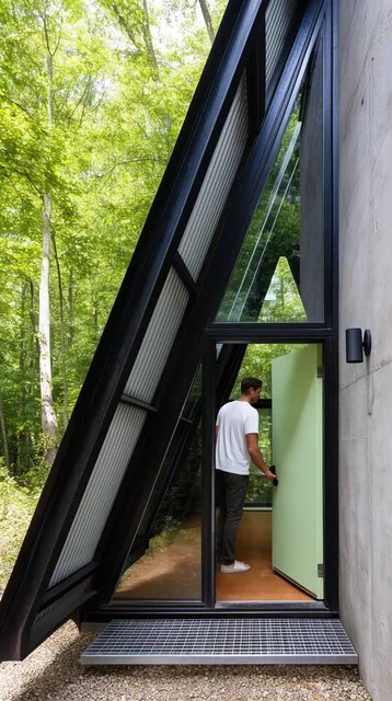 A man opens a pale green door to a modern angular building in a dense forest. The structure fea...