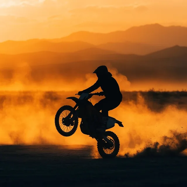 silhouetted dirt biker performing a wheelie, trailing thick clouds of glowing golden dust, hazy...