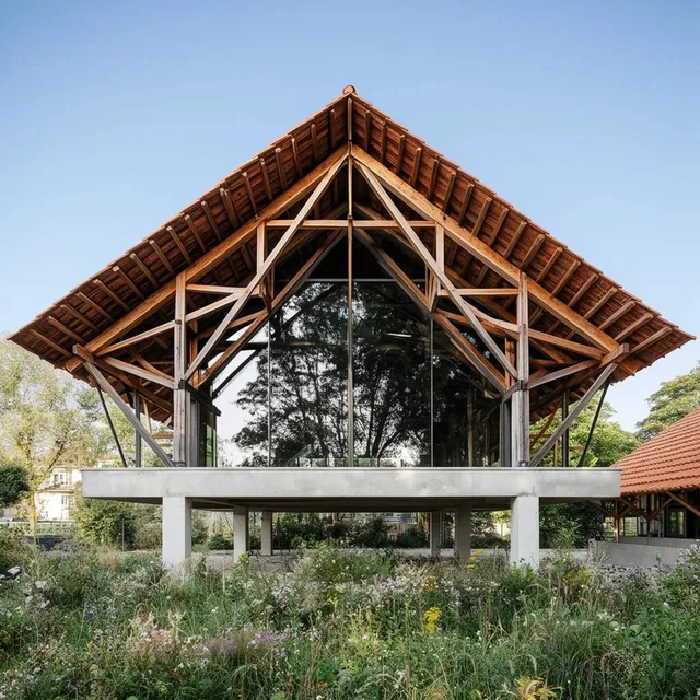 elevated modern pavilion, exposed wooden trusses, terracotta pitched roof, large glass facade r...