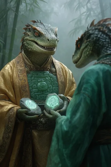 Two anthropomorphic reptilian warriors examine glowing runestones in a misty bamboo forest. The...