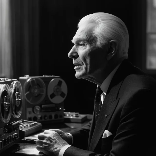 A black-and-white cinematic profile of an elderly statesman in a dark suit speaking at a desk....