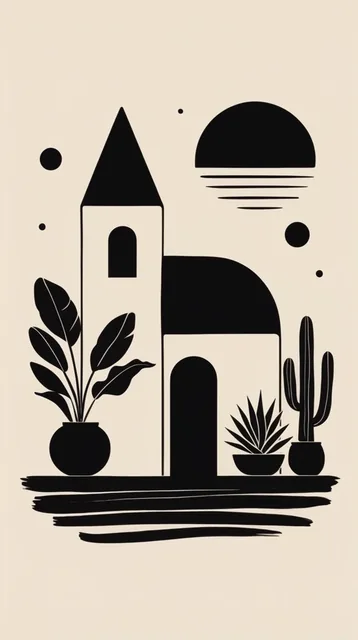 minimalist black silhouette graphic on a solid cream background, stylized geometric architectur...