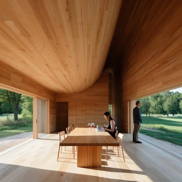vast minimalist interior clad in warm light wood paneling, sweeping asymmetrical curved wooden...