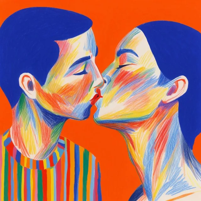 Two stylized figures in profile kiss against a vibrant solid orange background. Flat ultramarin...