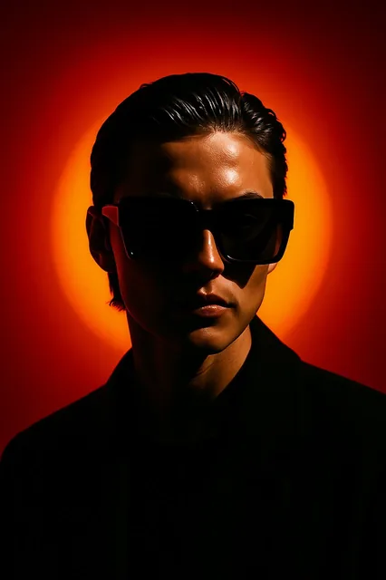 A person with slicked-back dark hair wearing oversized square sunglasses is shown in a dr...