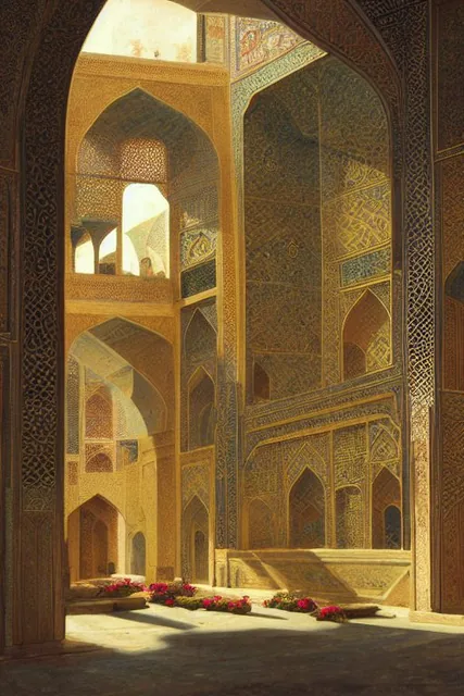 Persian architecture, temple volume atrium light full of rose, hanging gardens, vibrant f...