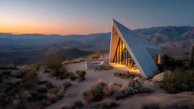 modern, triangular concrete house nestled in a desert landscape at twilight, dramatic des...